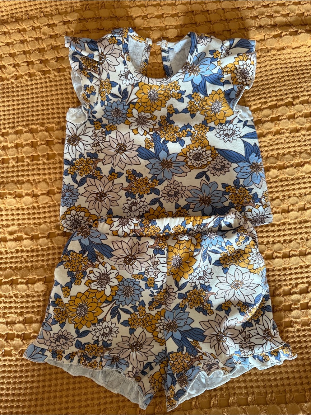 Floral Ruffle Sleeve Two-Piece Set in Blue & Mustard